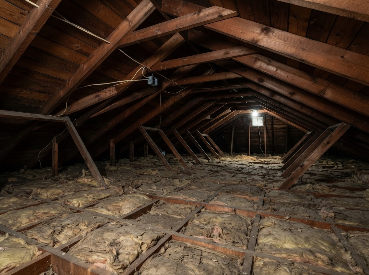 Existing attic insulation and roof framing inspected before an upgrade in Capitola