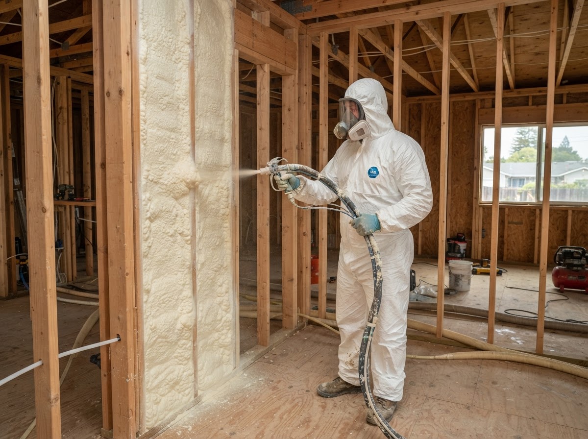 Residential spray foam insulation applied to open framing in Watsonville