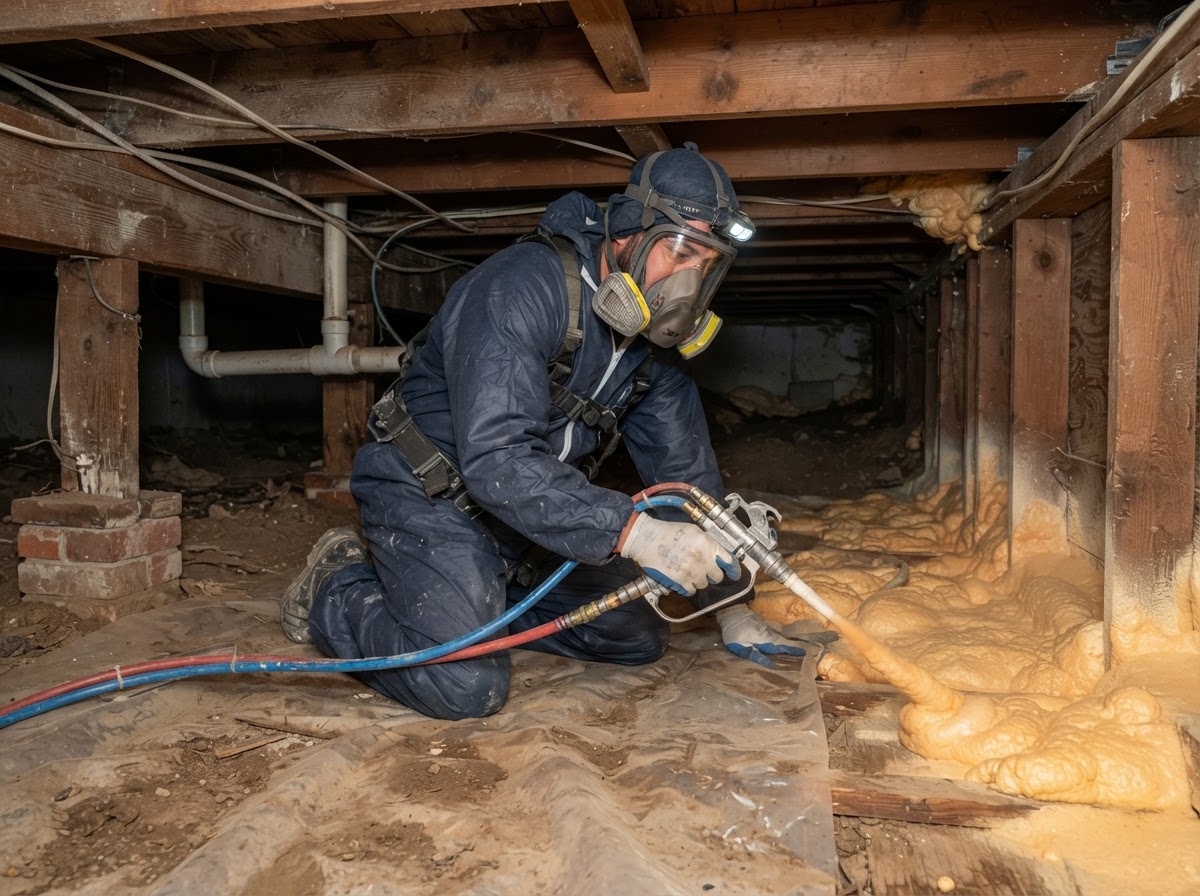 Crawl space spray foam insulation work beneath a Watsonville home