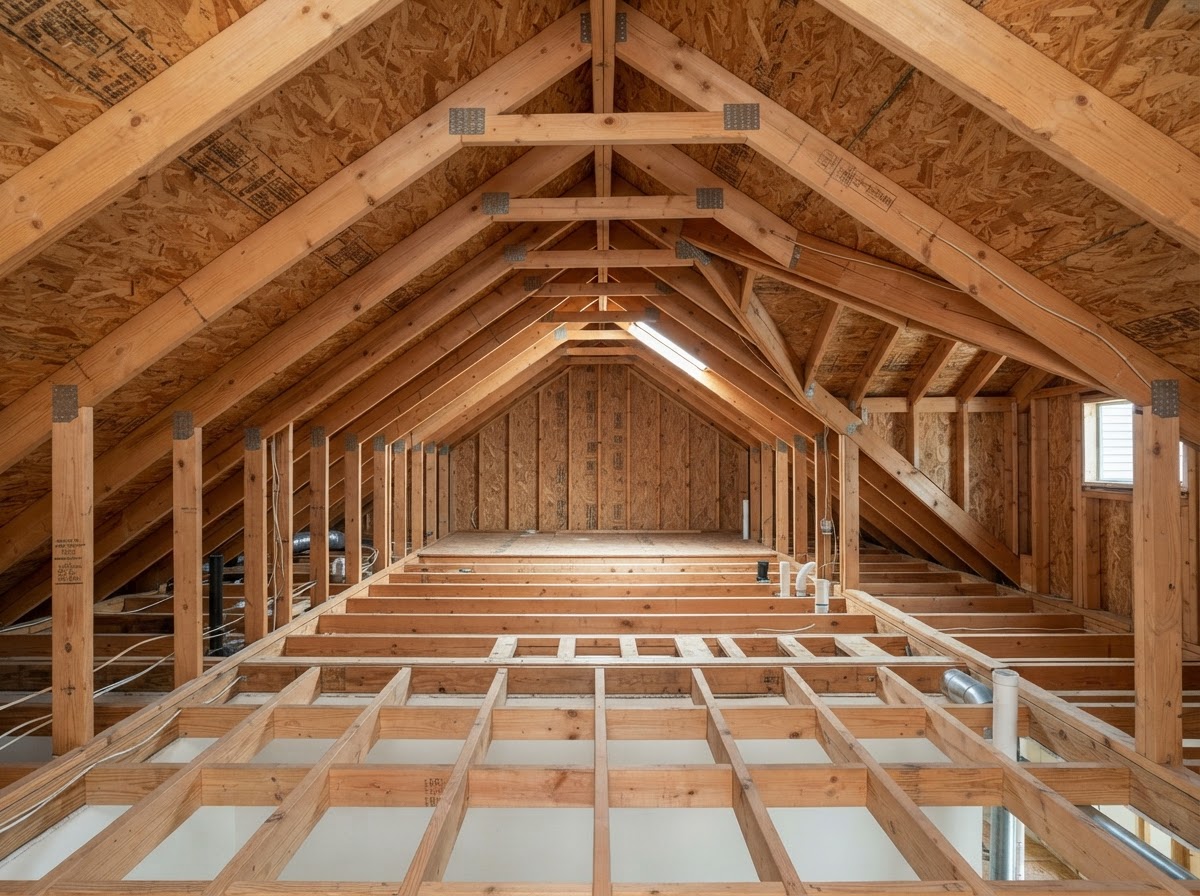 Open framing prepared for replacement insulation after removal