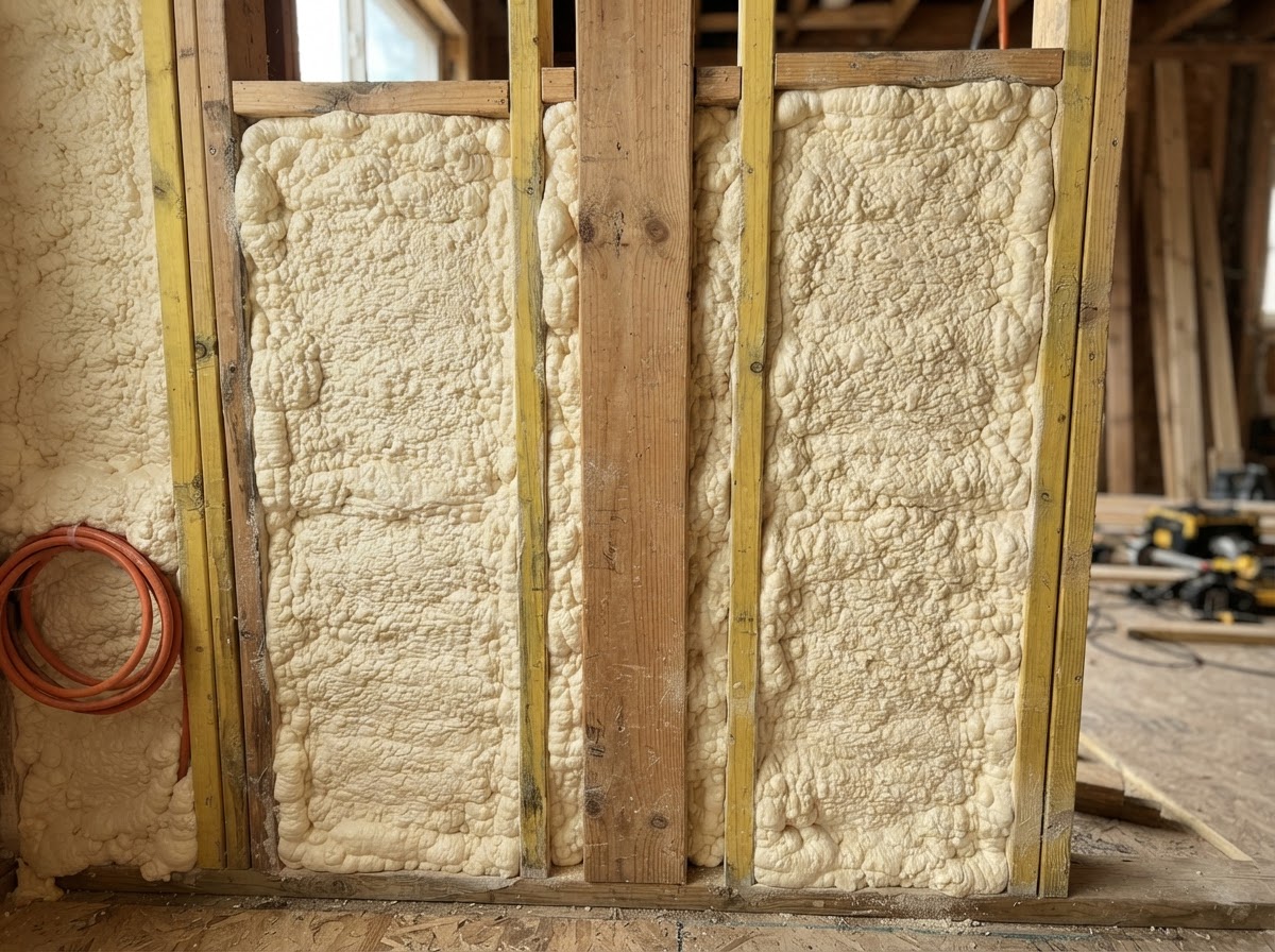 Spray foam insulation filling open wall cavities during a remodel