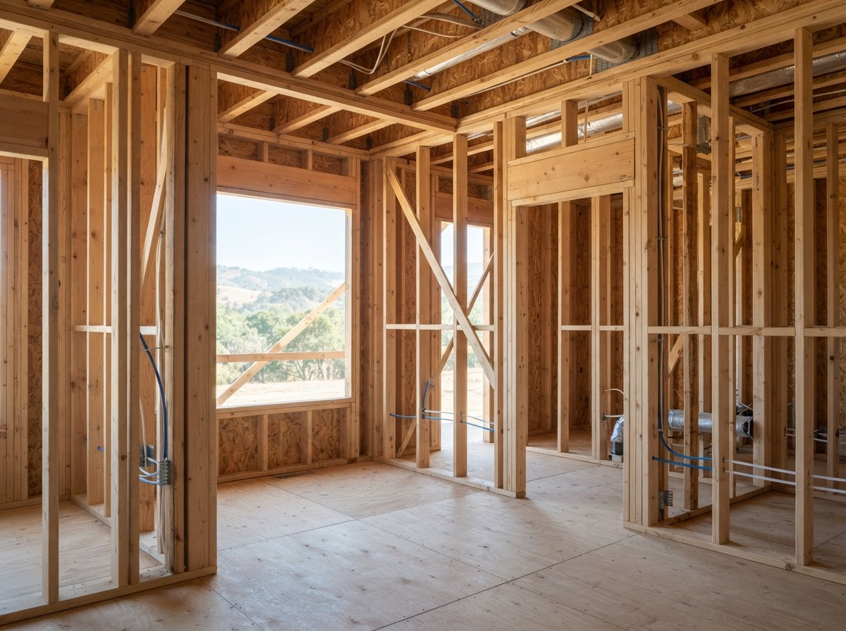 Open residential framing prepared for spray foam insulation in Gilroy
