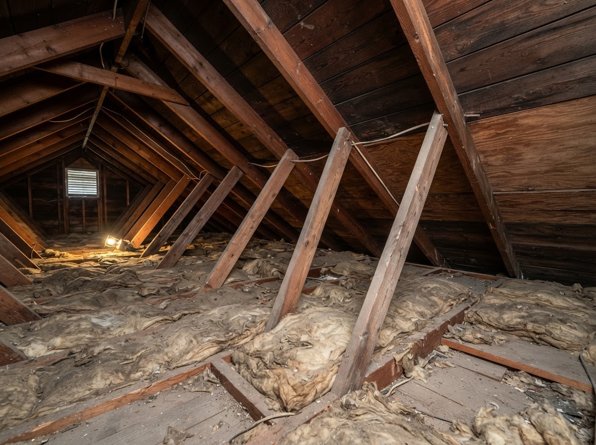 Existing attic insulation and roof framing evaluated before a Santa Cruz insulation upgrade