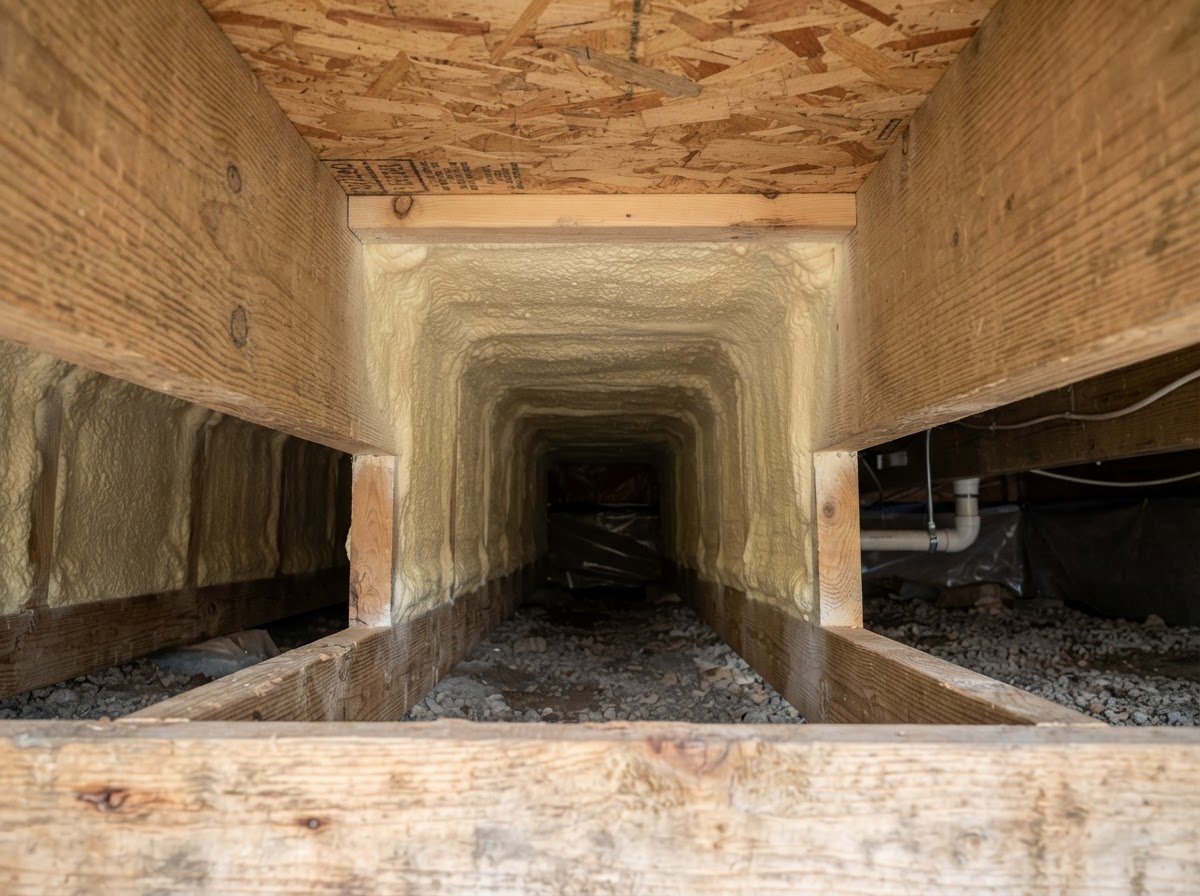Spray foam insulation installed along a crawl-space floor assembly
