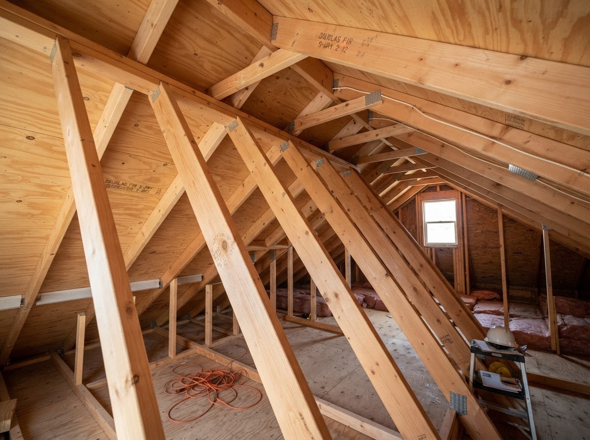 Roof sheathing and rafters inspected before spray foam in Aptos