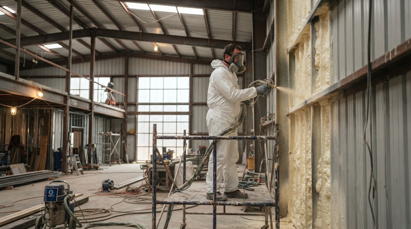 Metal building spray foam insulation installation in Hollister