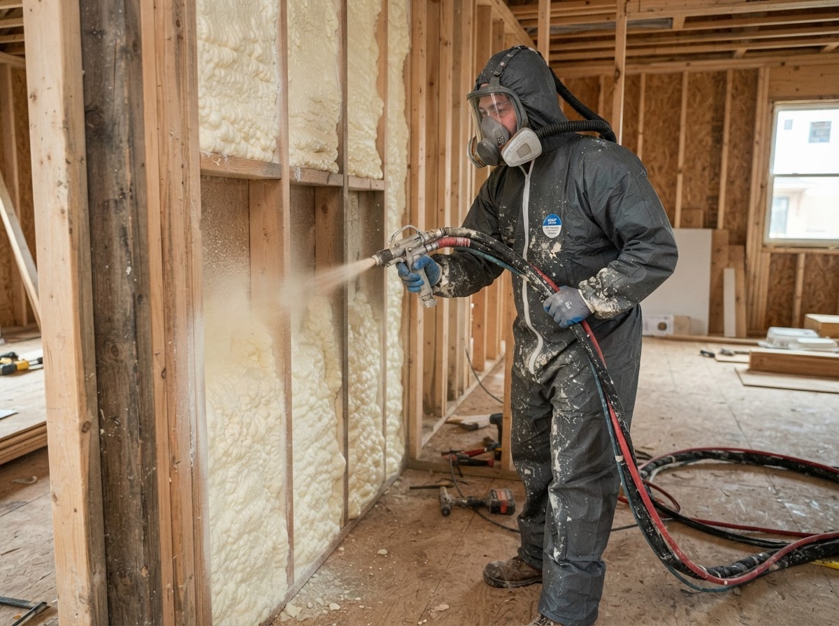 Professional spray polyurethane foam installation with protective equipment
