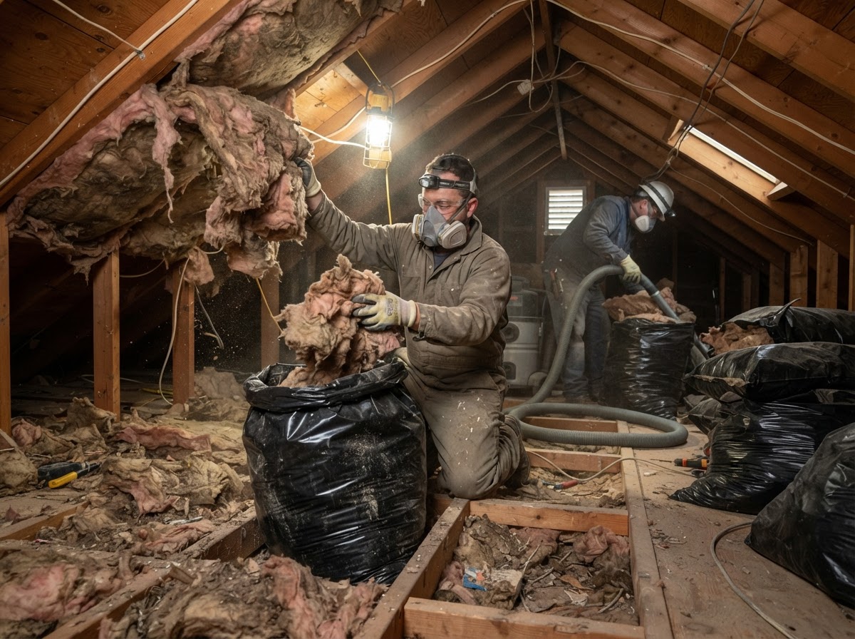 Professional insulation removal from an attic before new installation