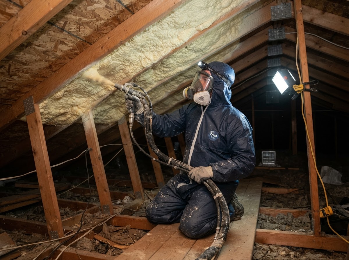 Spray foam insulation installed along the underside of a roof deck