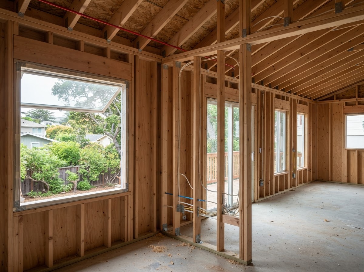 Open framing prepared for spray foam during a Santa Cruz remodel or ADU project