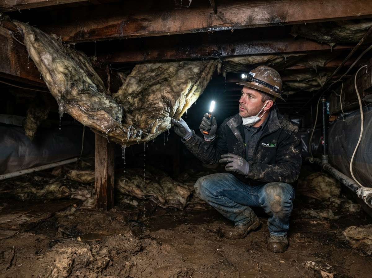 Existing crawl space insulation being evaluated before an upgrade