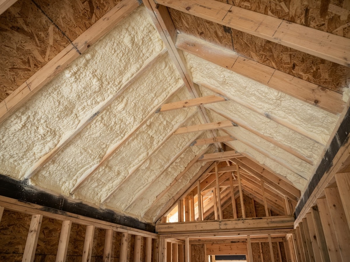 Open-cell spray foam used in an appropriate attic framing assembly