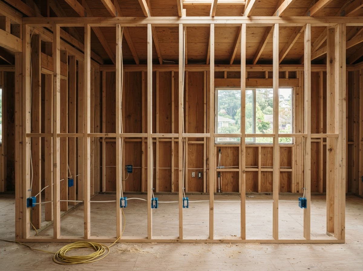 Open framing prepared for spray foam during a Capitola remodel