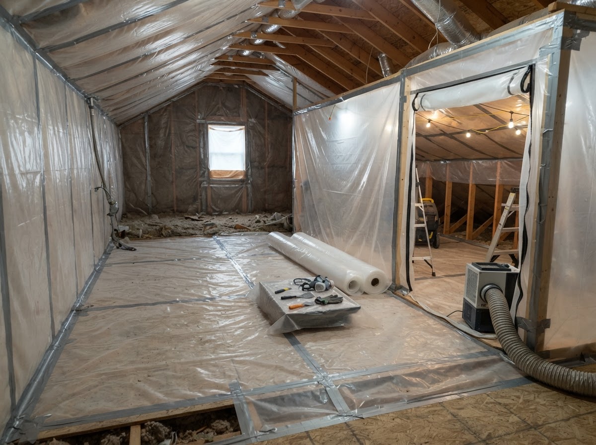 Work area protected before insulation removal begins