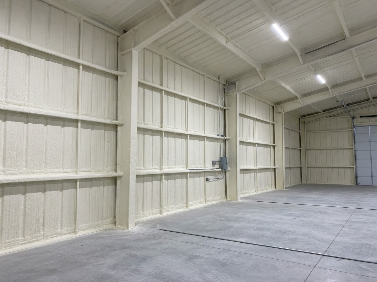 Spray foam insulation installed along a metal building interior