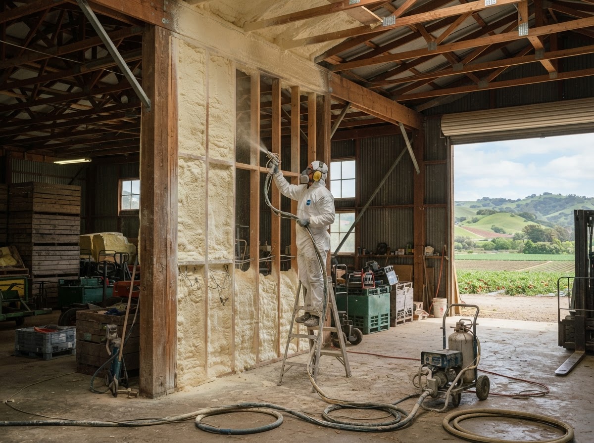 Spray foam insulation in an agricultural building in the Pajaro Valley
