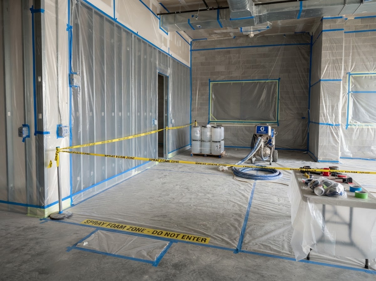 Commercial insulation work area prepared before spray foam installation