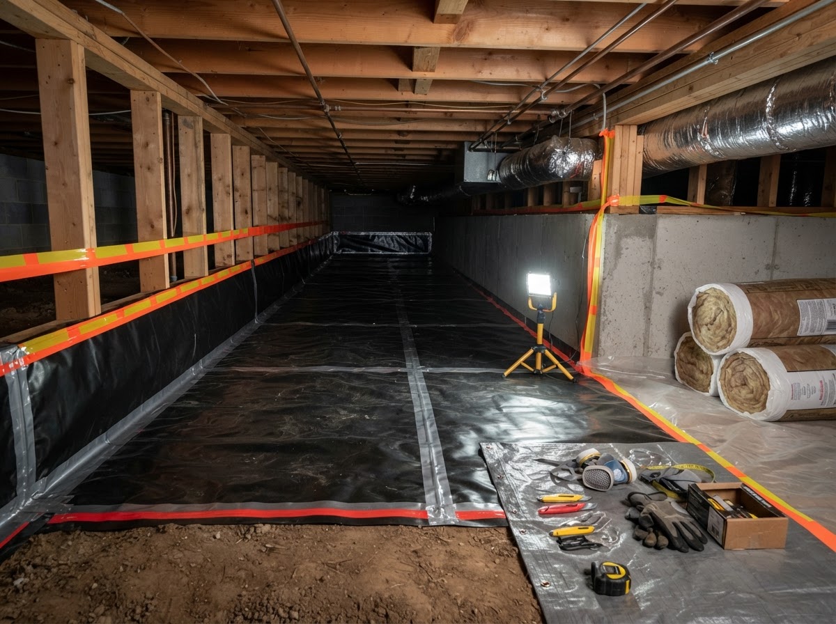 Crawl space work area prepared for professional insulation installation