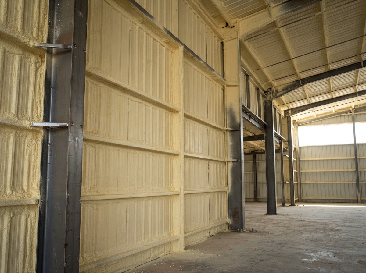 Closed-cell spray foam insulation inside a metal building
