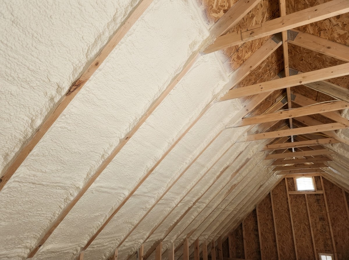 Residential attic spray foam insulation in a roof assembly