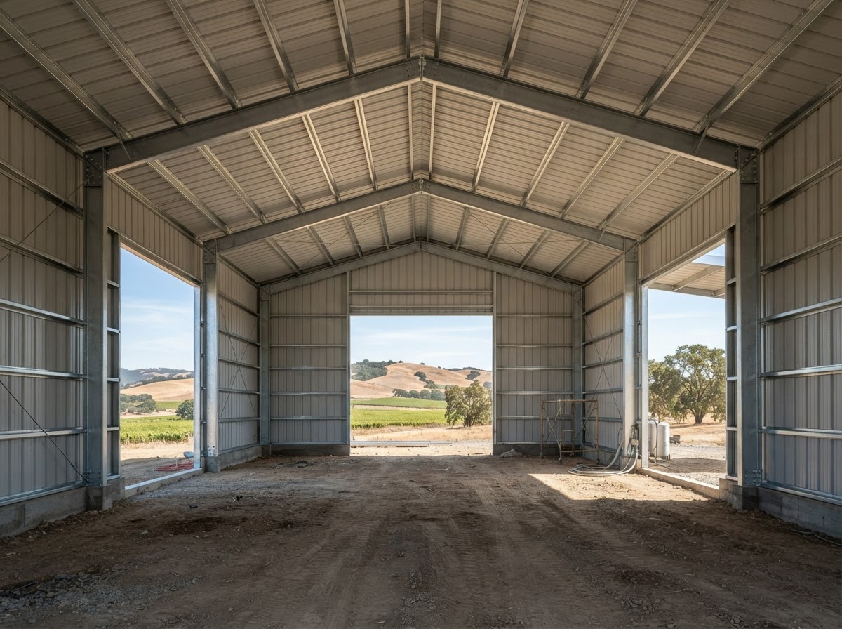Agricultural metal building prepared for spray foam near Hollister