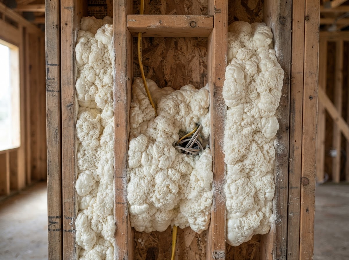 Open-cell spray foam insulation expanding inside an open framing cavity