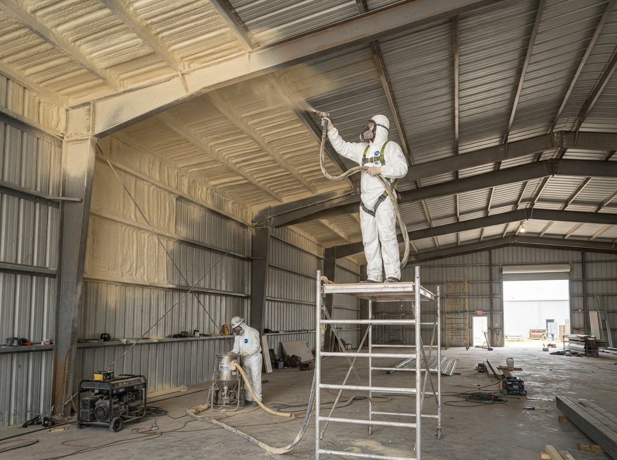 Spray foam insulation applied inside a metal building
