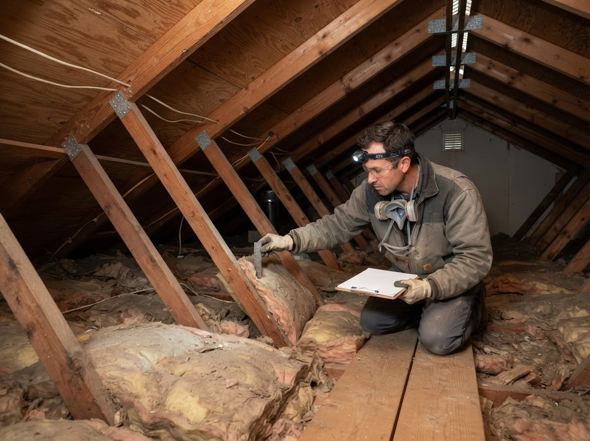Existing attic insulation and roof framing evaluated before an Aptos insulation upgrade
