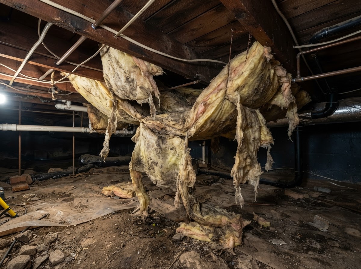 Existing crawl space insulation inspected before an upgrade in Santa Cruz