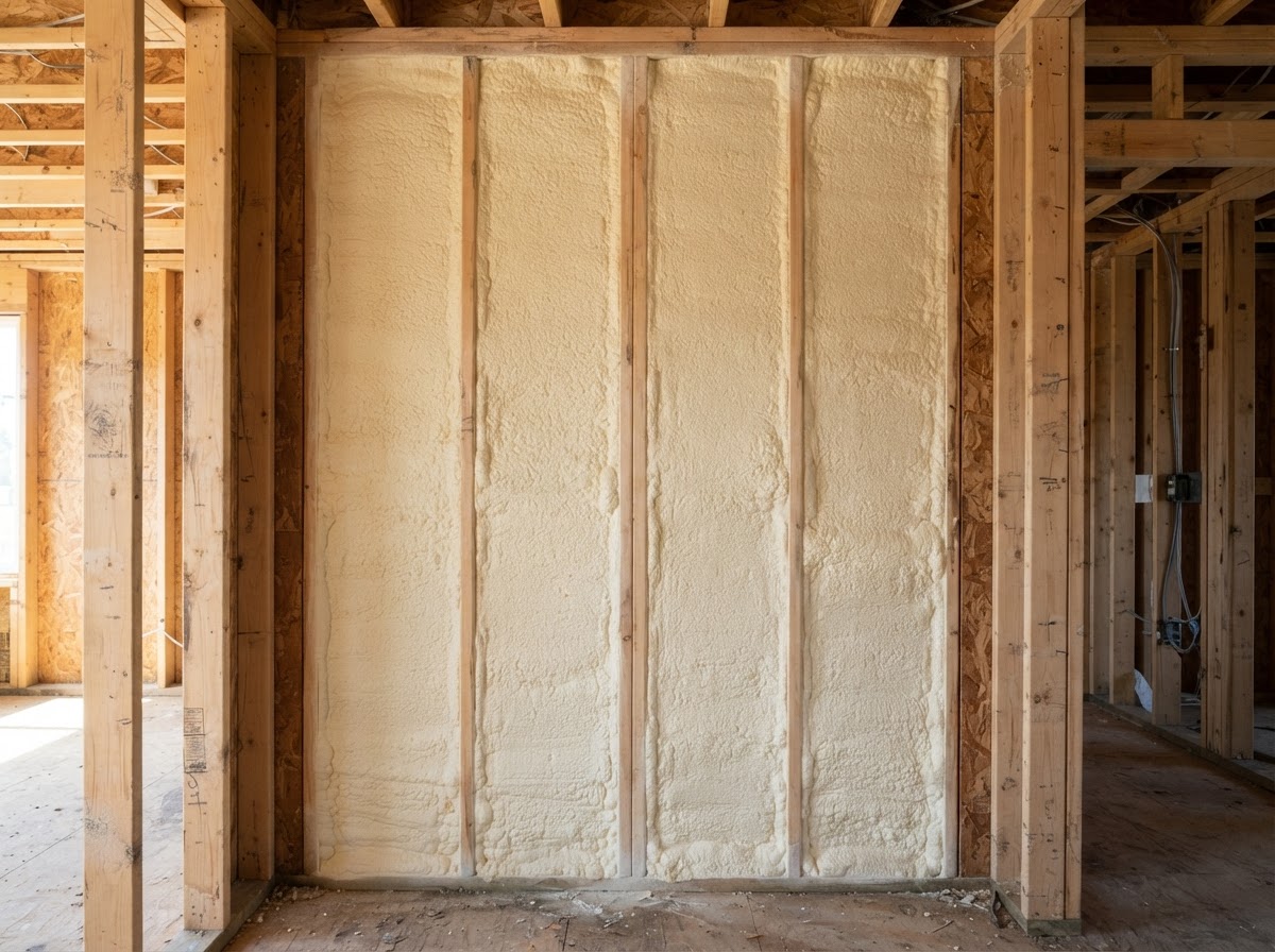 Spray foam insulation installed between wall studs
