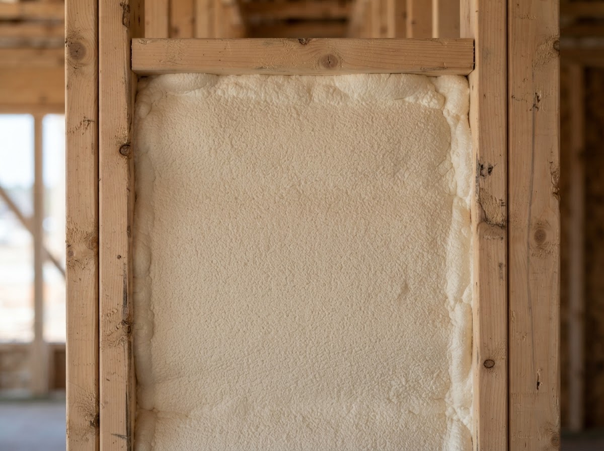 Closed-cell spray foam insulation between wood framing members