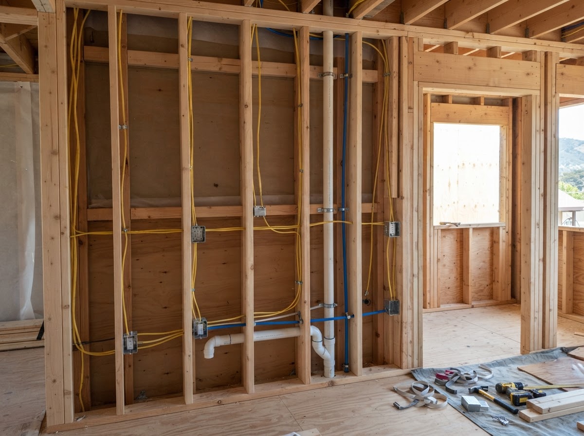 Open wall framing prepared for spray foam during an Aptos remodel