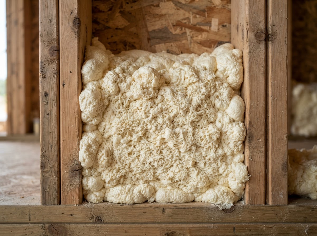 Open-cell spray foam filling an open wood framing cavity