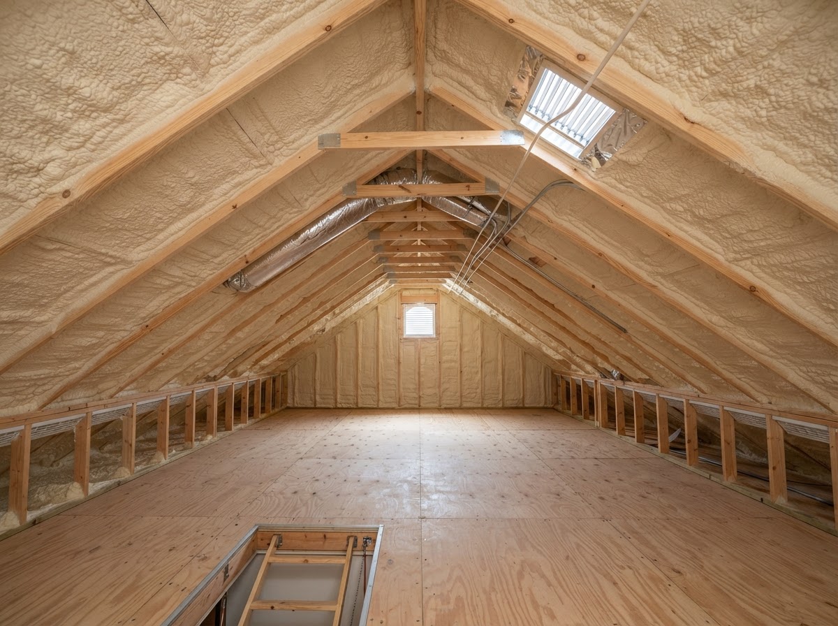 Spray foam insulation installed in a residential attic assembly