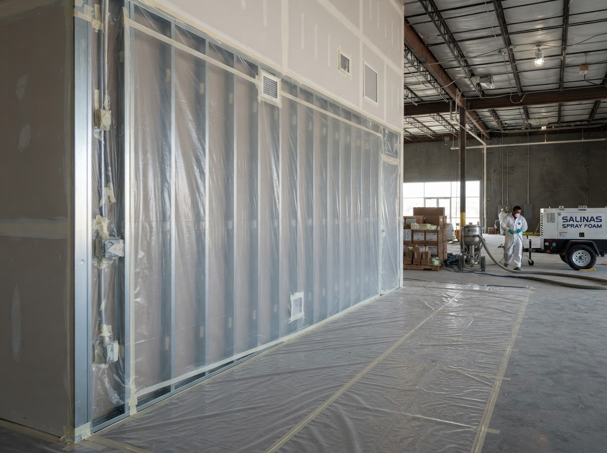 Commercial spray foam work area prepared for professional installation in Salinas