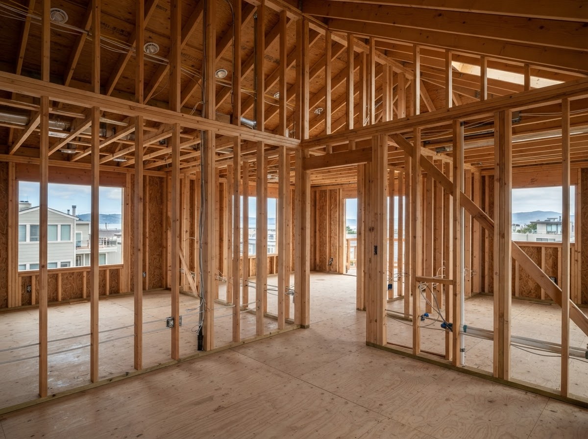 Marina residential framing prepared for spray foam insulation