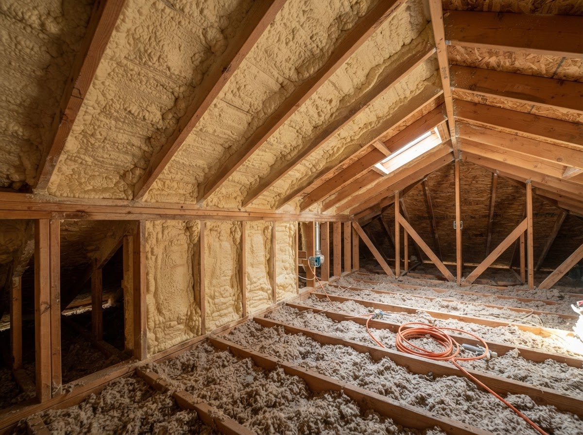 Attic insulation and air-sealing work at a residential ceiling plane