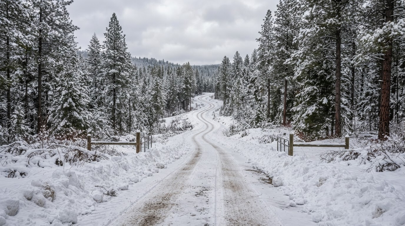 Snow-covered gravel private driveway near Rathdrum Idaho