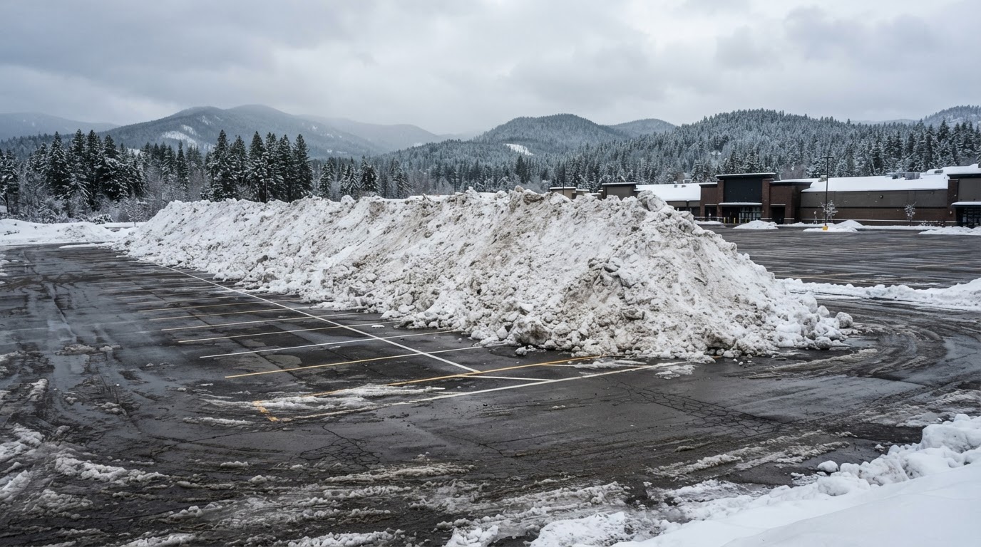 Large snow piles occupying commercial parking spaces in North Idaho