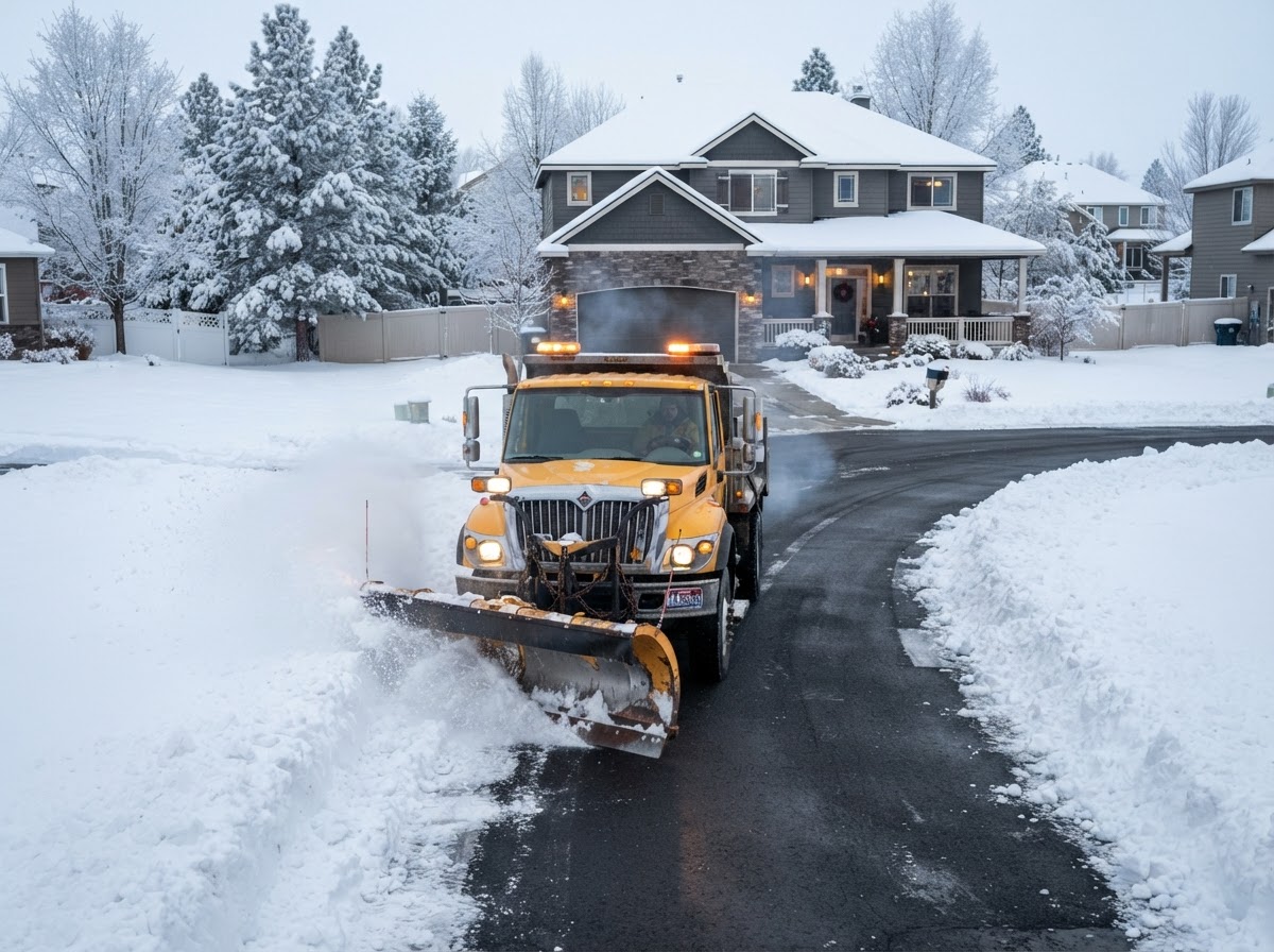 Snow plowing a private property in Post Falls Idaho