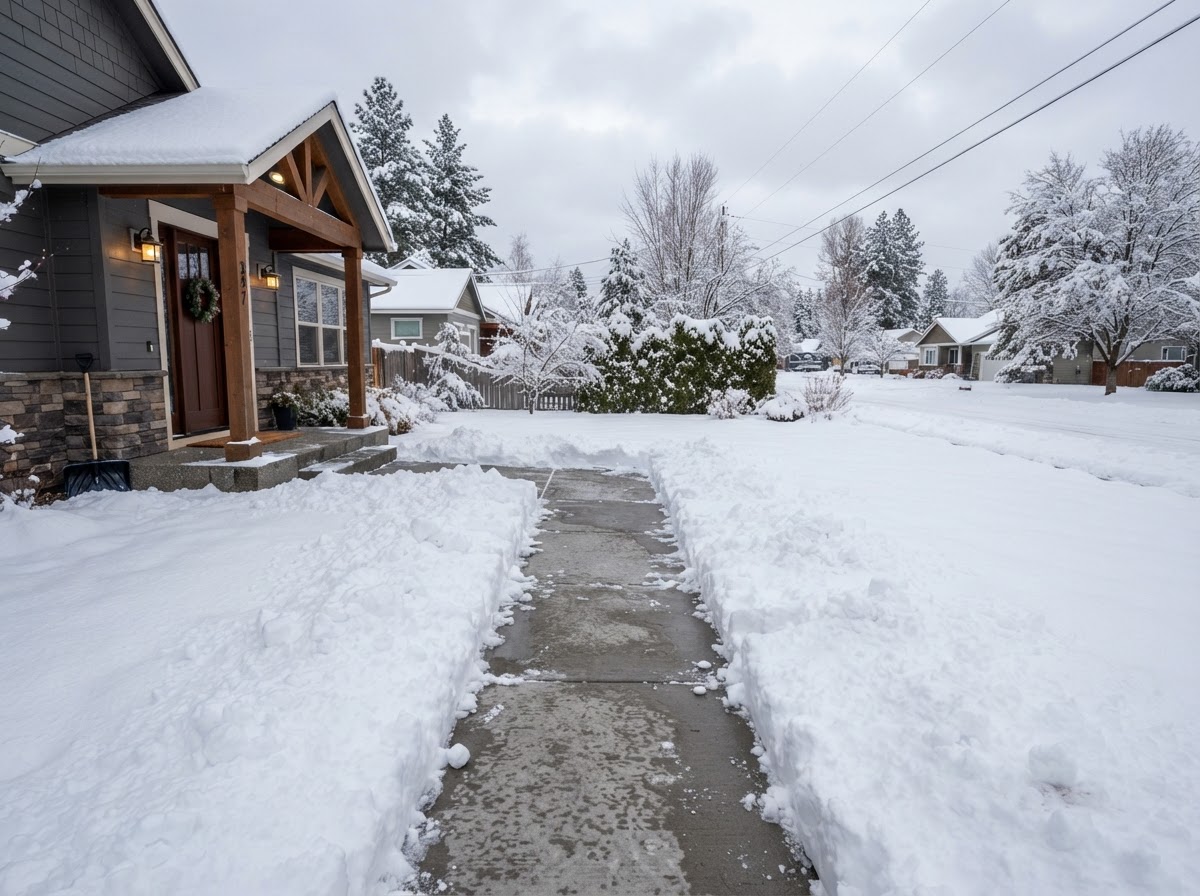 Cleared residential walkway during a North Idaho winter