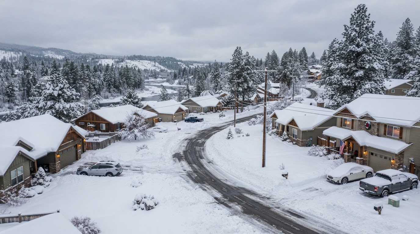 Snow removal worker managing winter property access in North Idaho