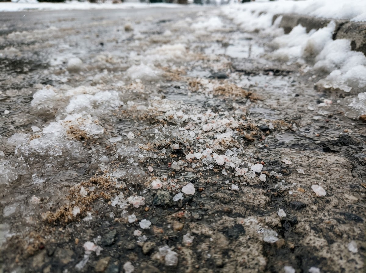 De-icing treatment on winter pavement in Post Falls