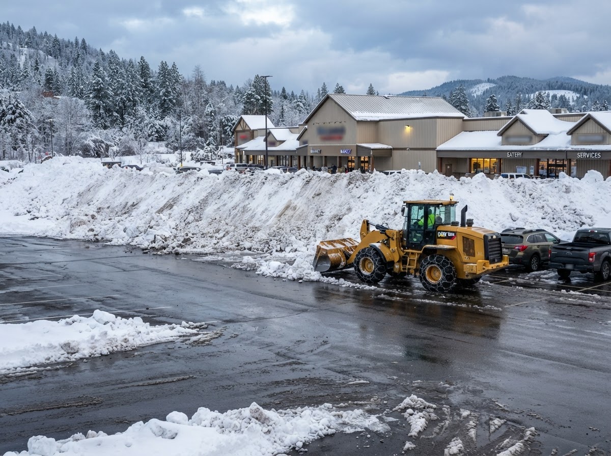 Parking lot snow removal for a commercial property in Post Falls