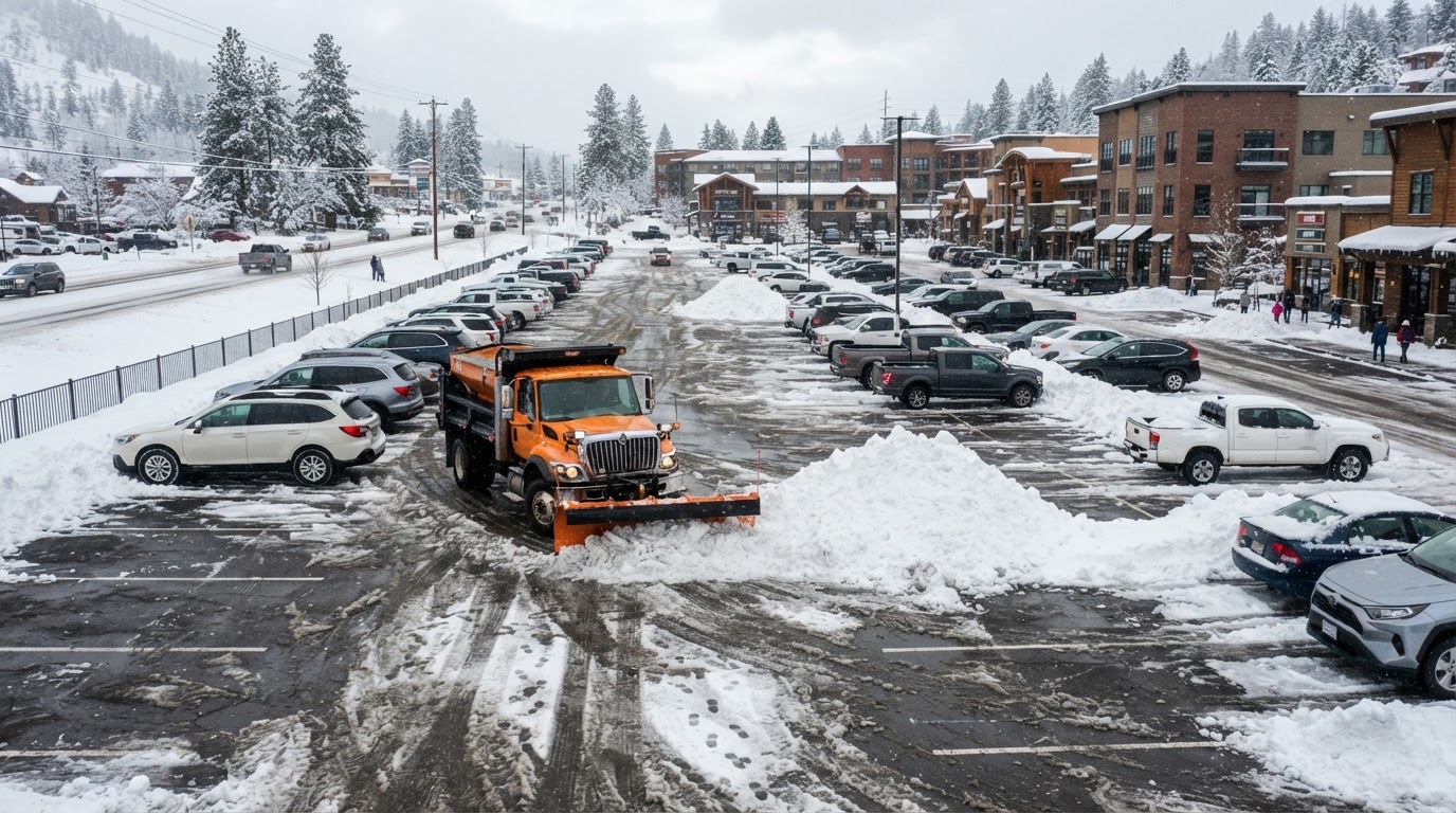 Commercial snow plowing at a Post Falls Idaho property