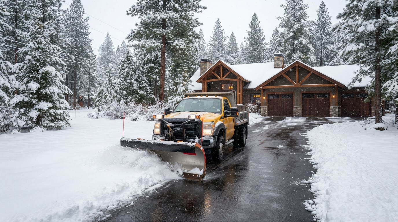 Snow plowing a residential property in Post Falls Idaho