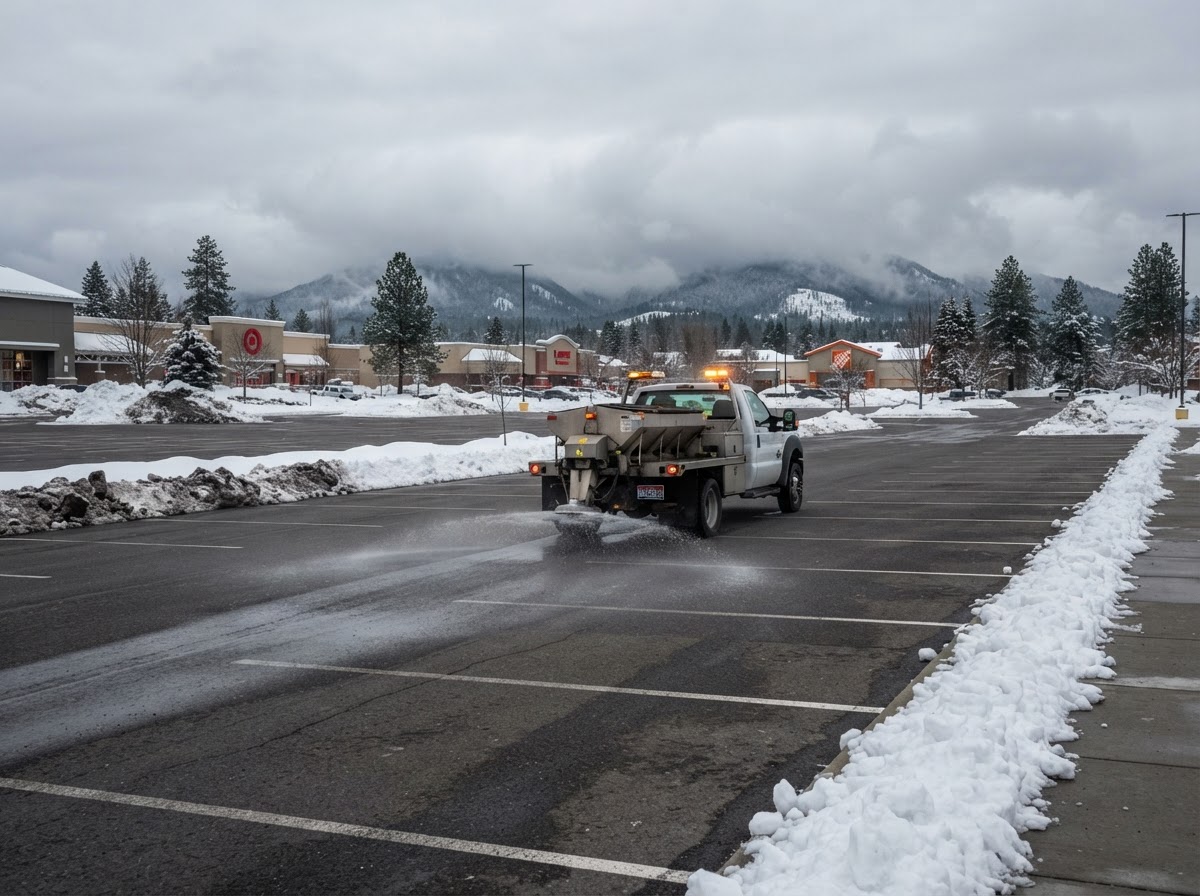 Anti-icing pre-treatment on a commercial parking area in Post Falls Idaho