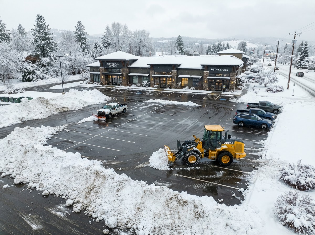 Commercial snow plowing in a Post Falls parking area