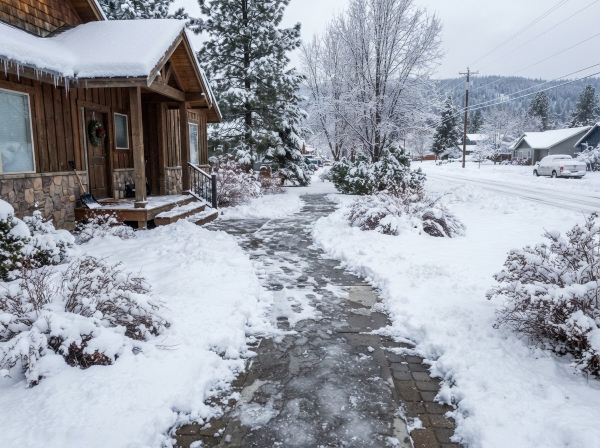 Private walkway winter conditions in Dalton Gardens Idaho