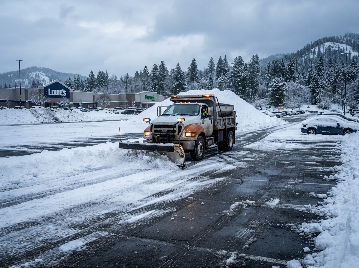 Parking lot snow removal at a Post Falls Idaho commercial property